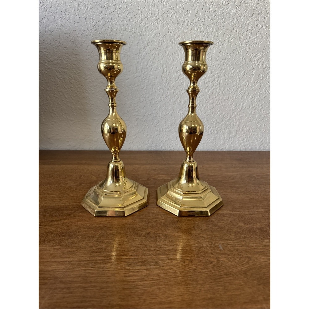 Vtg Solid Brass Candlestick Holders Pair Octagonal Base Dark Academia Cottage Co